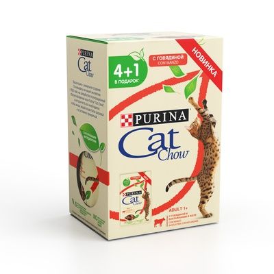 НАБОР Purina Cat Chow паучи для кошек "Кусочки в желе с говядиной и баклажанами" 4+1 (5* 85гр) 425 гр