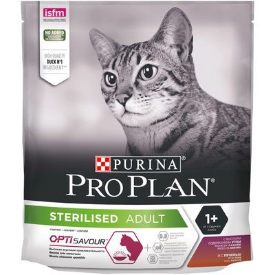 Корм сухой Pro Plan Optisavour Sterilised для стерилизованных кошек и кастрированных котов, с уткой и печенью 0,4кг