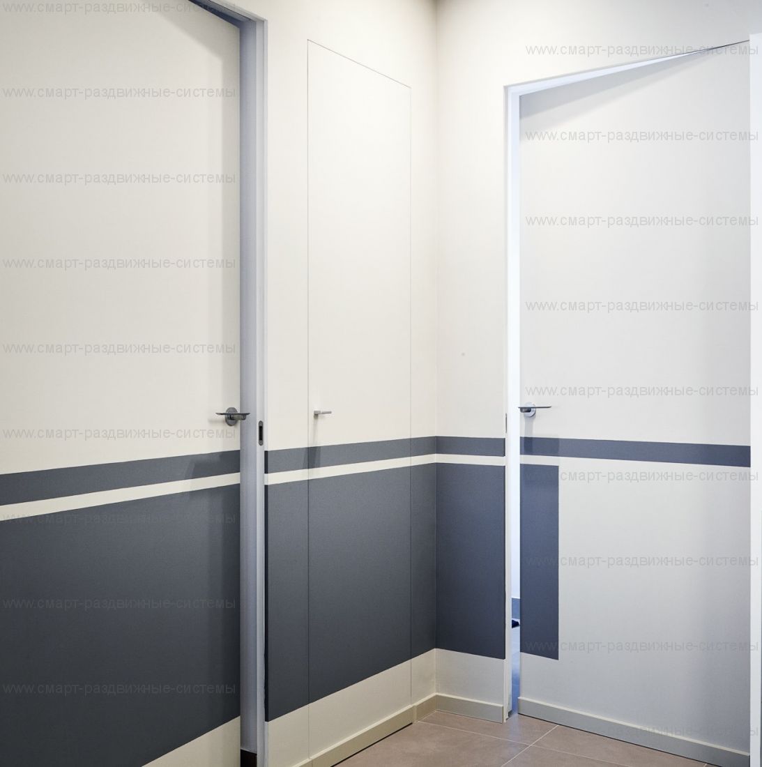 Дверь-невидимка Invisible-2100 скрытого монтажа с полотном по шкале NCS и RAL ВНУТРЕННЕГО открывания. Высота от 2000 до 2300