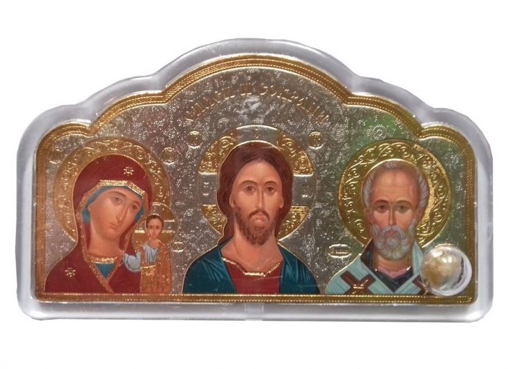 Икона автомобильная "Спаситель, Пресвятая Богородица, Николай Чудотворец" под стеклом с ладаном