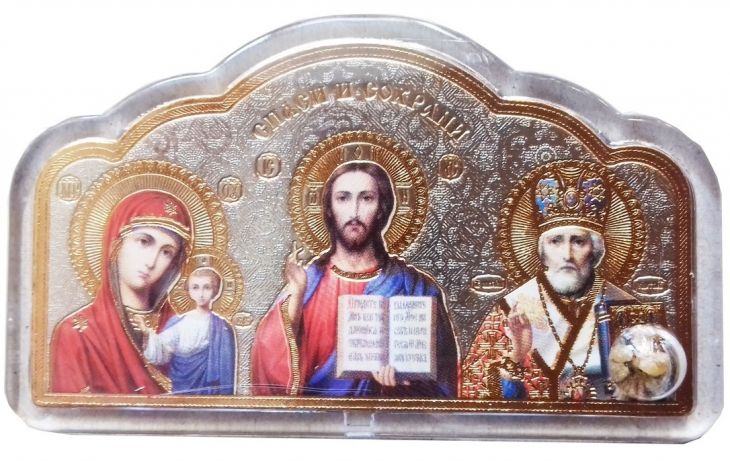 Икона автомобильная "Спаситель, Пресвятая Богородица, Николай Чудотворец" под стеклом с ладаном