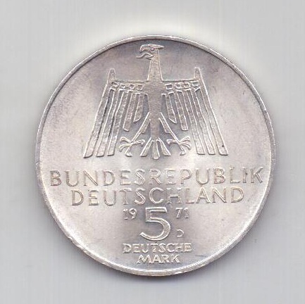 5 марок 1971 года UNC Дюрер Германия