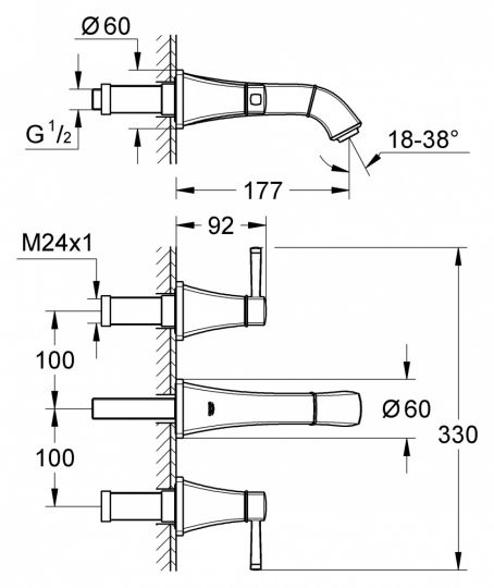 Двухвентильный смеситель для раковины Grohe Grandera 20414 схема 1