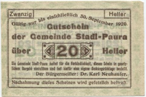 Нотгельд 20 геллеров 1920 года Австрия, Stadl-Paura