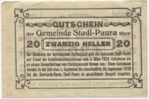 Нотгельд 20 геллеров 1920 года Австрия, Stadl-Paura