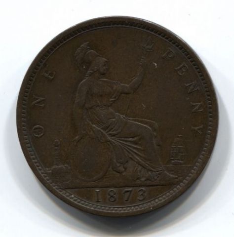 1 пенни 1873 года Великобритания, XF-, редкий год