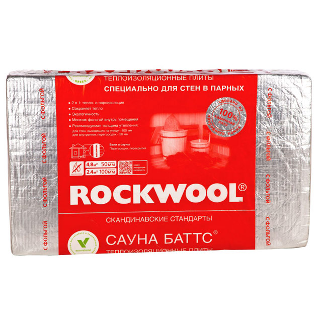 Утеплитель Rockwool Сауна Баттс 1000*600*50мм, 4.80м2, 0.240м3 (40 кг/м3)