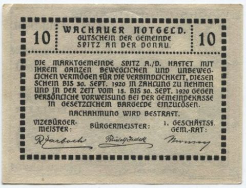 Нотгельд 10 геллеров 1920 года Австрия Вахау