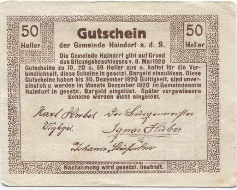 Нотгельд 50 геллеров 1920 года Австрия, Хайндорф