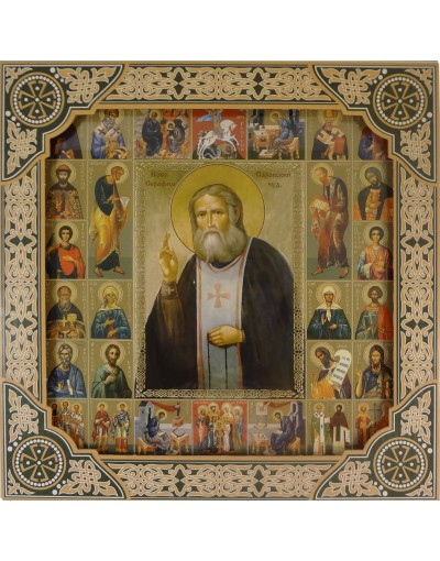 Икона Серафим Саровский и Собор Святых в рамке под стеклом