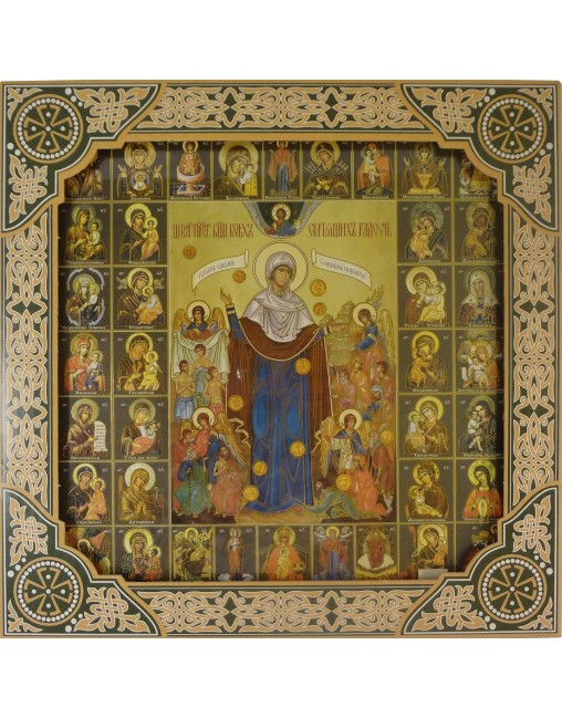 Икона "Всех скорбящих радость" и Собор Святых в рамке под стеклом