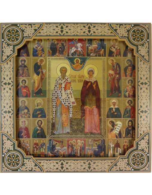 Икона Киприан и Иустина и Собор Святых в рамке под стеклом
