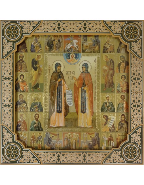 Икона Петр и Февронья и Собор Святых в рамке под стеклом