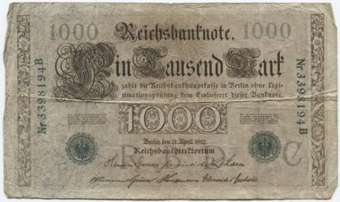 1000 марок 1910 года Германия, зеленый серийный номер