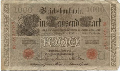 1000 марок 1910 года Германия, красный серийный номер