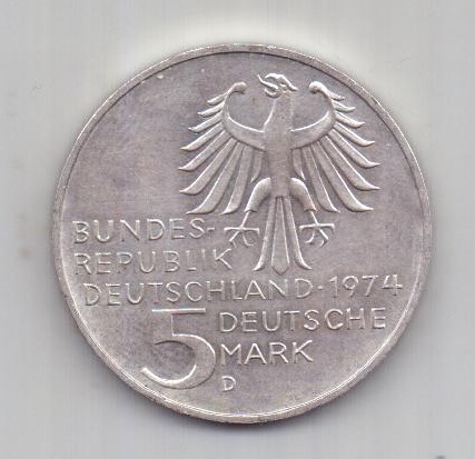 5 марок 1974 года UNC Германия