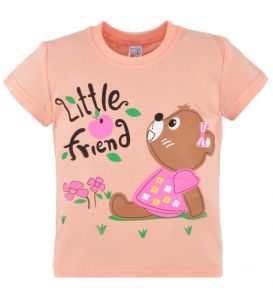 Персиковая футболка для девочки с симпатичным мишкой на груди
