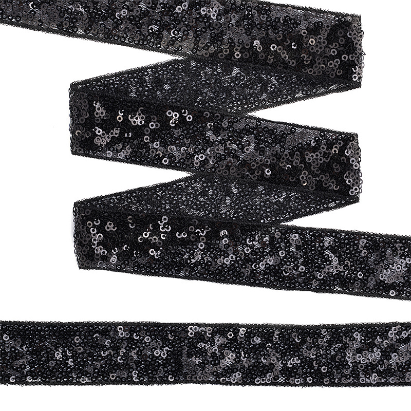 фото Тесьма с пайетками  на сетке ширина 30 мм. цвет черный (TDF03014)