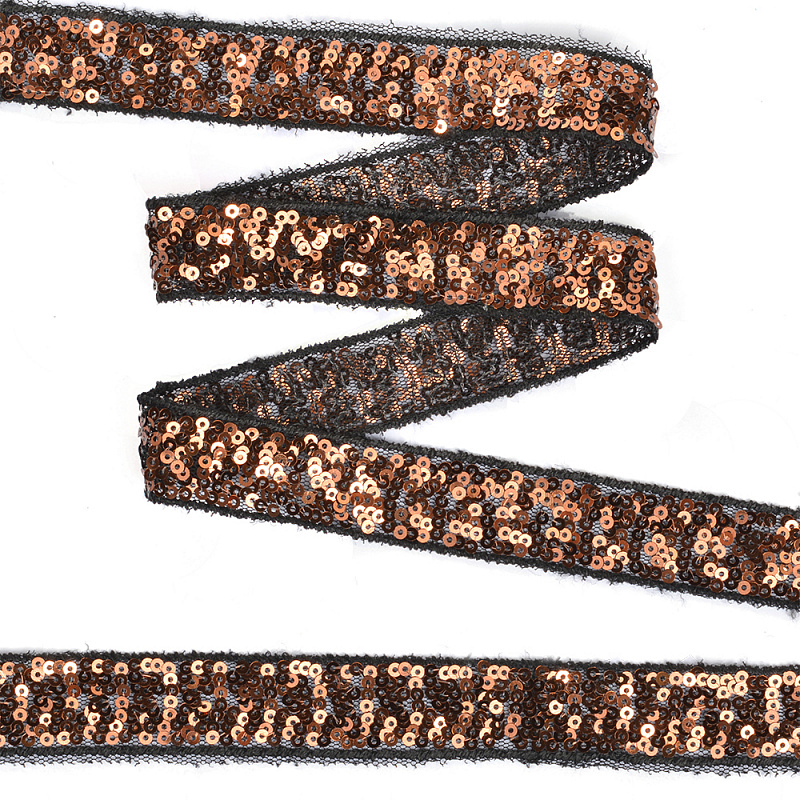 фото Тесьма с пайетками  на сетке ширина 20 мм. цвет черный - темное золото (TDF02013)
