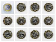 Набор монет 12 штук, 10 РУБЛЕЙ - ЛЕГЕНДАРНЫЕ ЛОКОМОТИВЫ СССР и РОССИИ, гравировка​