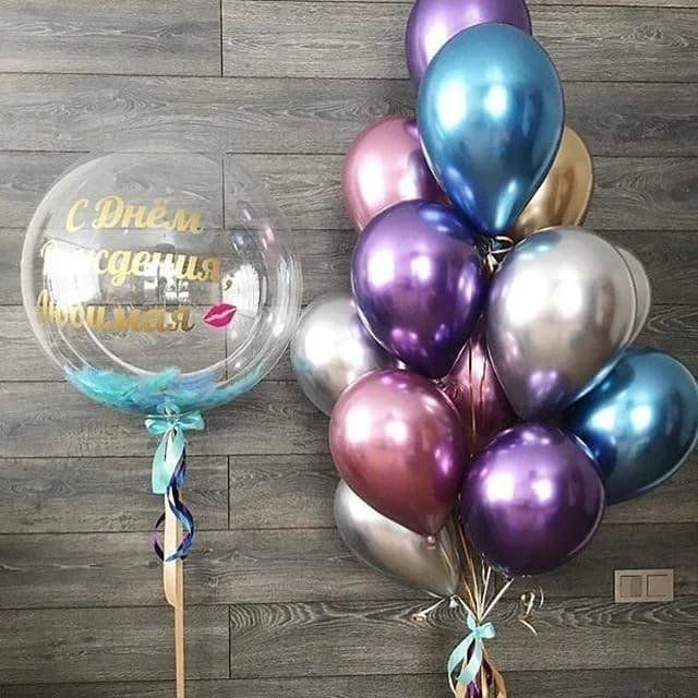 Комплект шар баблс с надписью, перьями и фонтаном из 15 шаров хром на день рождения