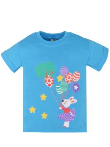Голубая футболка для девчки с зайкой и воздушными шариками