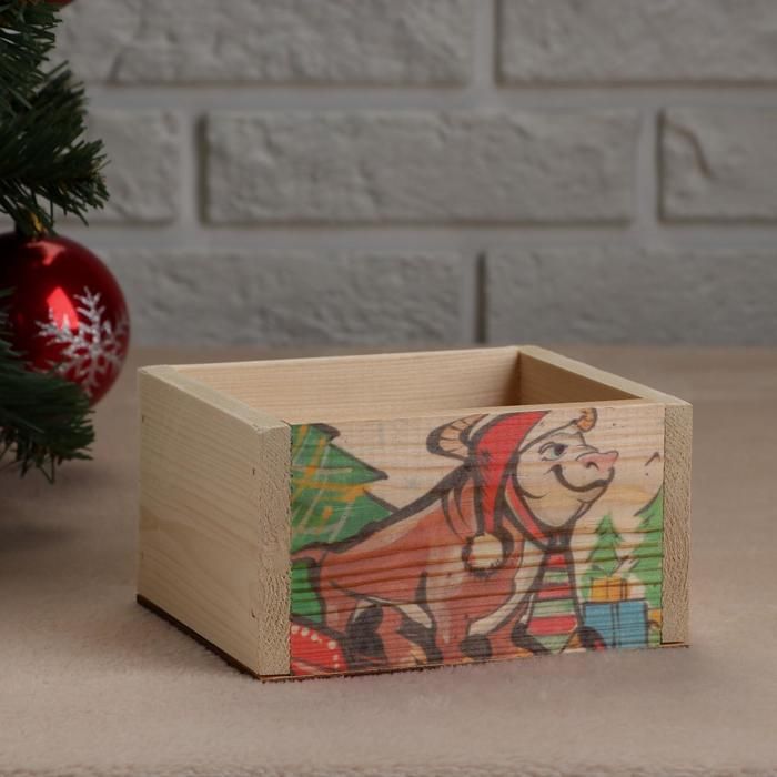 Кашпо деревянное . Санта на быке", 12,5×10×9,5 см