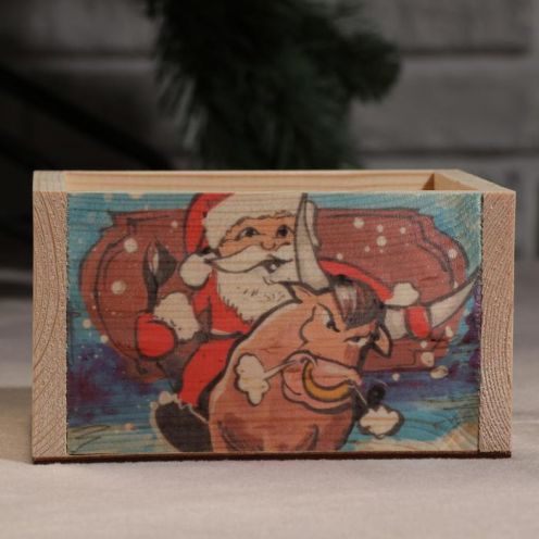 Кашпо деревянное . Санта на быке", 12,5×10×9,5 см