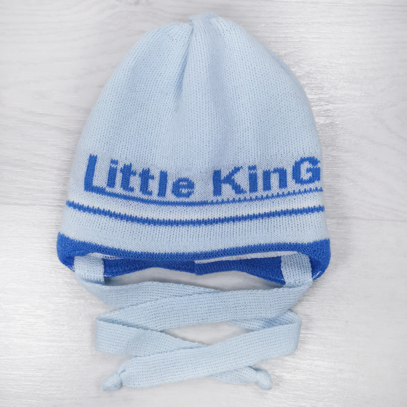 зн1023-72 Шапка вязаная на завязках с отворотом Little King нежно-голубая