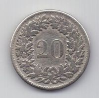 20 раппен 1850 года Швейцария XF
