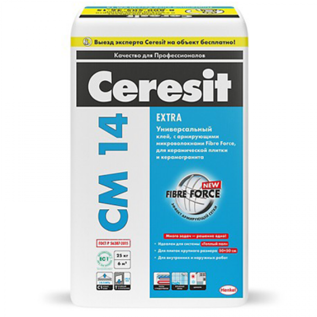 Клей для плитки и керамогранита Ceresit CМ 14 Extra 25кг