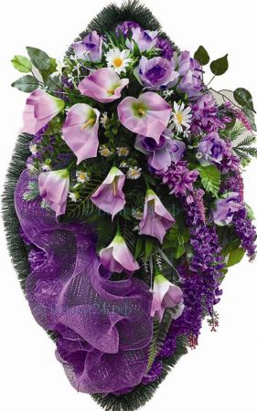 Фото Ритуальный венок из искусственных цветов - Элит #47 фиолетовый из роз, каллы и зелени