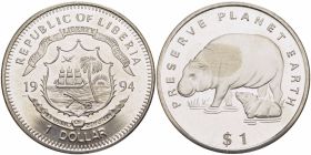 ЛИБЕРИЯ - 1 доллар 1994 БЕГЕМОТ KM 121 медно-никель UNC