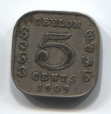 5 центов 1909 г. Цейлон . Великобритания