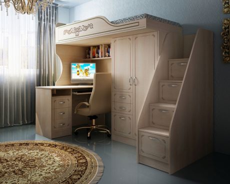 Кровать-чердак Фанки Кидз Классика с тумбой-лестницей и письменным столом