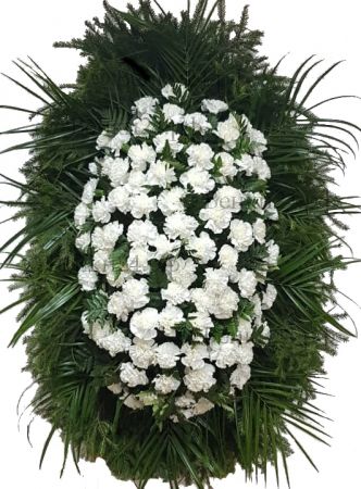 Фото Ритуальный венок из живых цветов #23 из белых гвоздик, папоротника, робелини