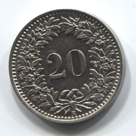 20 раппенов 1934 Швейцария AUNC