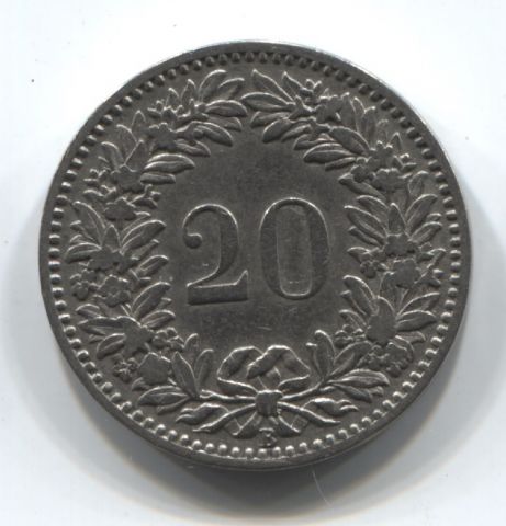 20 раппенов 1894 Швейцария XF редкий год