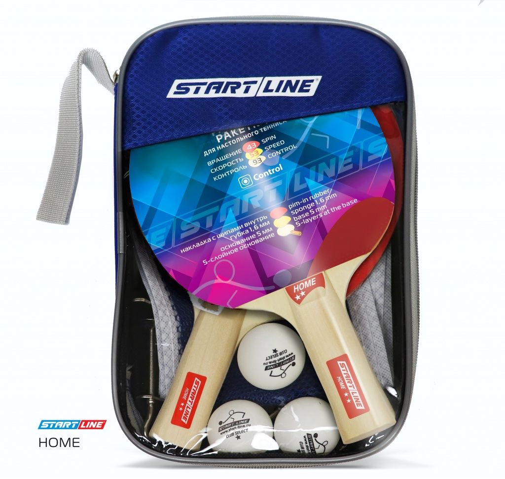 Набор START LINE: 2 Ракетки Home 2 звезды, 3 Мяча, Сетка с креплением, упаковано в сумку на молнии с ручкой.