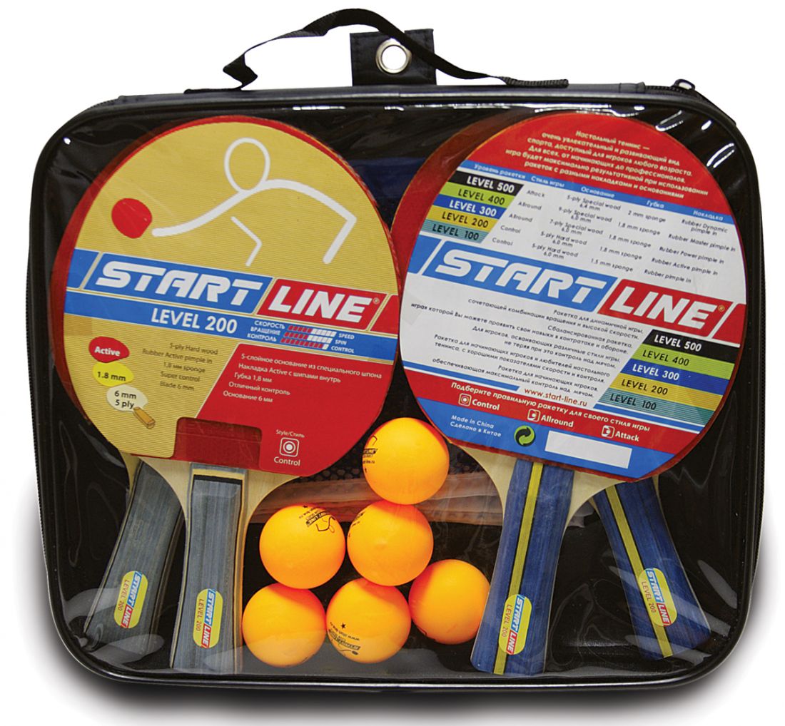 Набор START LINE: 4 Ракетки Level 200, 6 Мячей Club Select. Сетка с креплением, упаковано в сумку на молнии с ручкой.