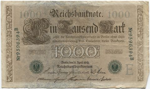 1000 марок 1910 Германия, зеленый серийный номер