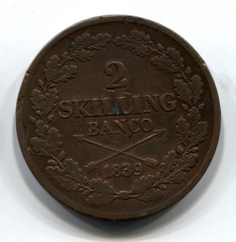 2 скиллинга 1839 Швеция
