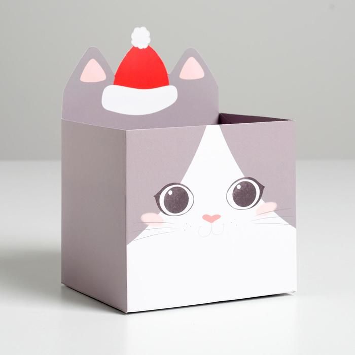 Коробка для мини-букетов «С новым годом», котик, 12 х 18 х 10 см