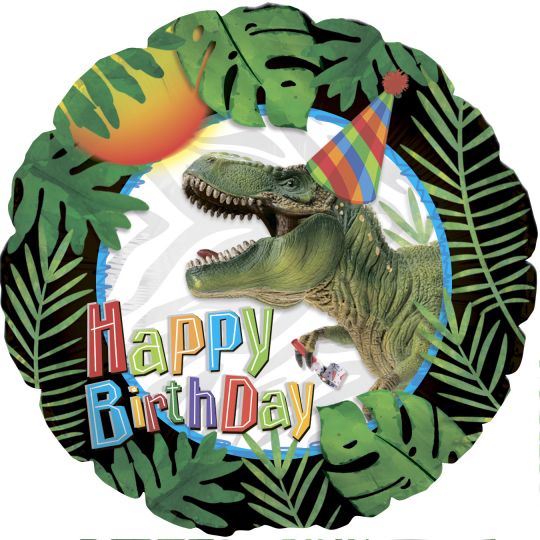 Динозавр в колпачке С Днем Рождения круглый шар фольгированный с гелием