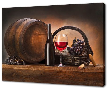 Картина на холсте Бочка, вино и виноград