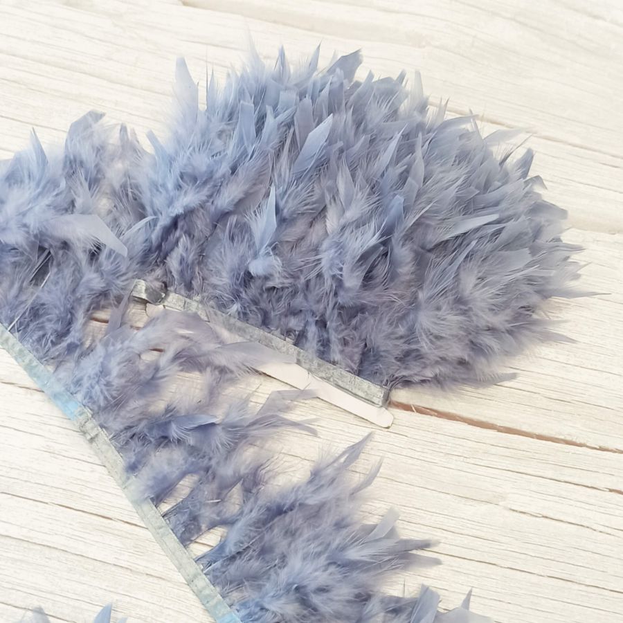 Перья на ленте, декоративная тесьма с перьями марабу, шириной 14-16 см, PM010, цвет сине-серый, сизый