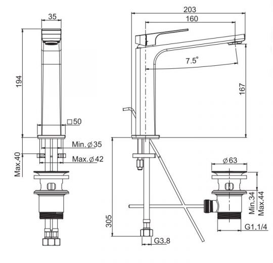 Прямоугольный смеситель на раковину с донным клапаном Fima - carlo frattini Fit F3381L схема 1