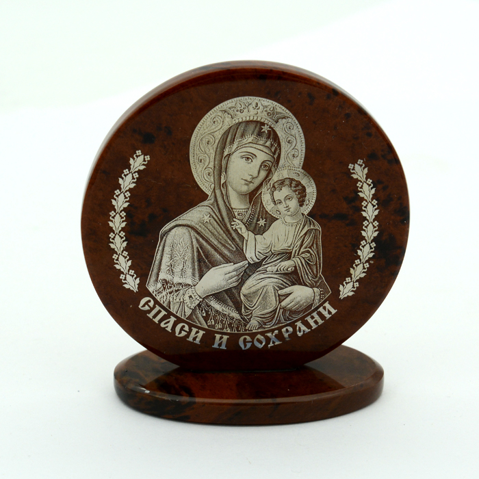 Икона из обсидиана круглая  "Дева Мария"