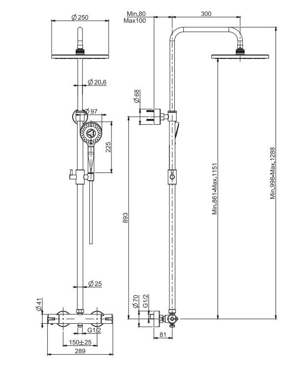 Душевая стойка с верхним душем и трехрежимным ручным душем Fima - carlo frattini Wellness F4885/RP259 схема 1