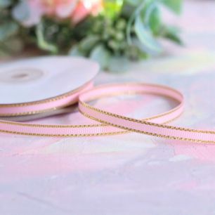 Репсовая лента декоративная - Нежно-розовая с золотым кантом 6 мм